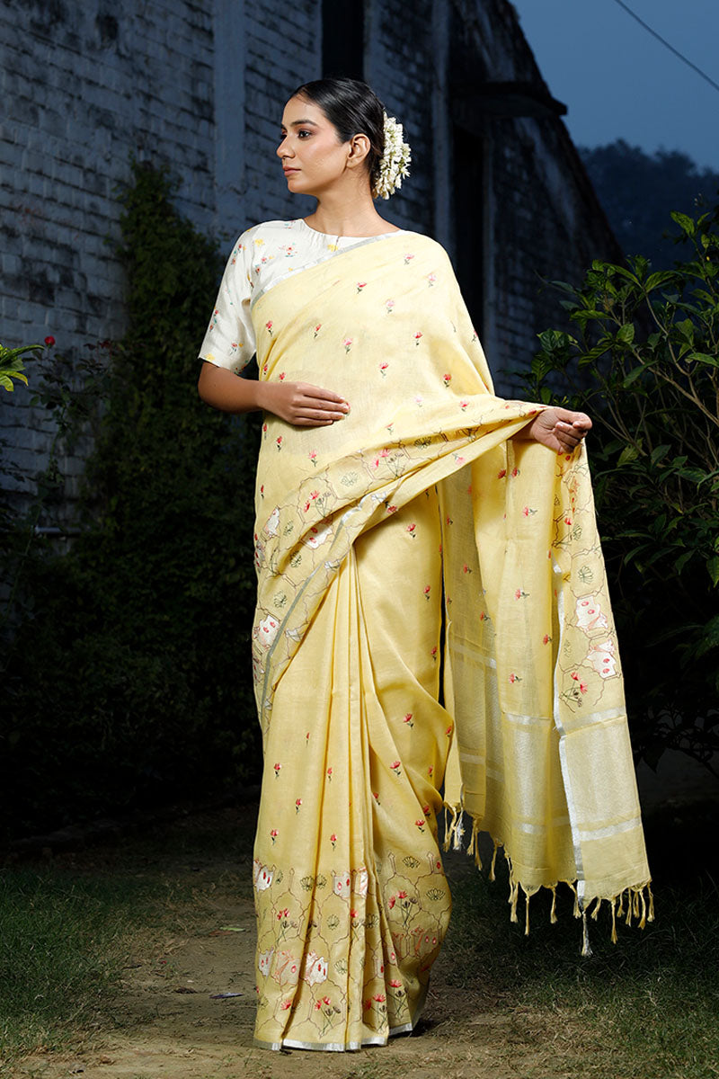 Linen saree, Pure Linen Saree,yellow saree, Soft Linen Saree, daily wear saree