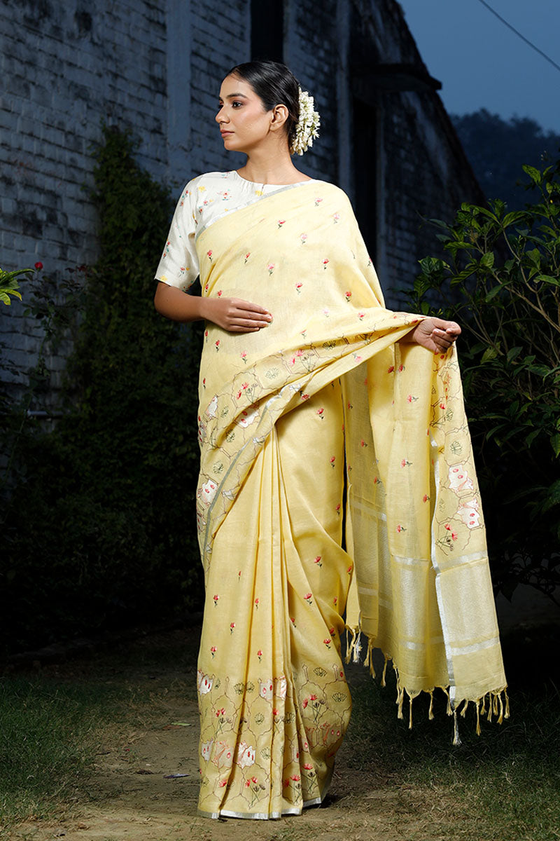 Yellow Pichwai Embroidered Linen Saree By Chinaya Banaras