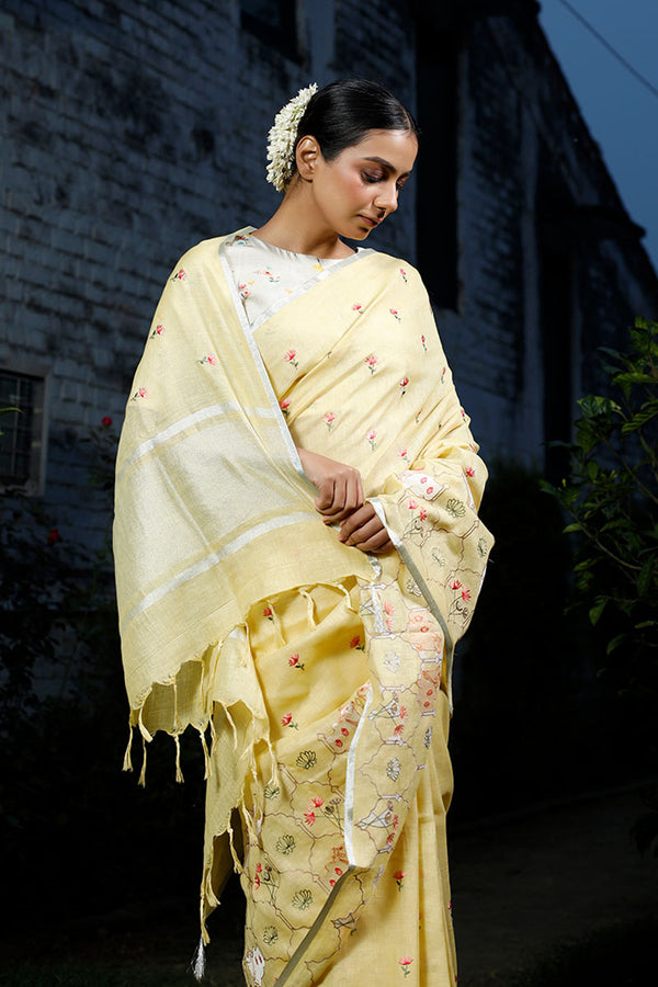 Pastel Yellow Pichwai Embroidered Linen Saree