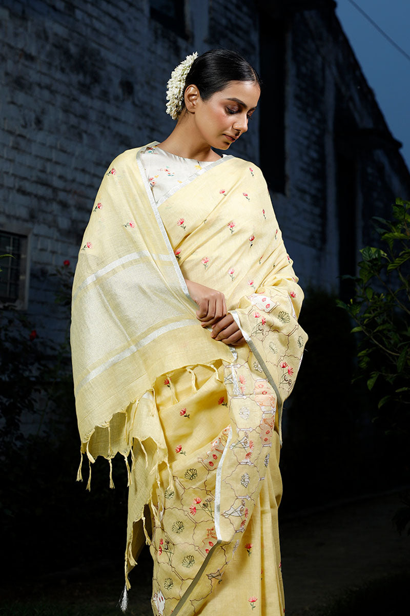 Pichwai Embroidered Linen Saree