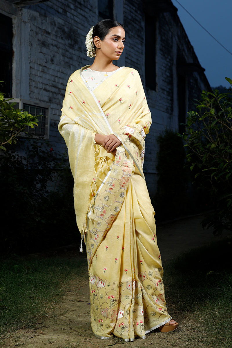 Pichwai Embroidered Linen Saree