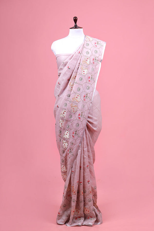 Pink Pichwai Embroidered Linen Saree By Chinaya Banaras