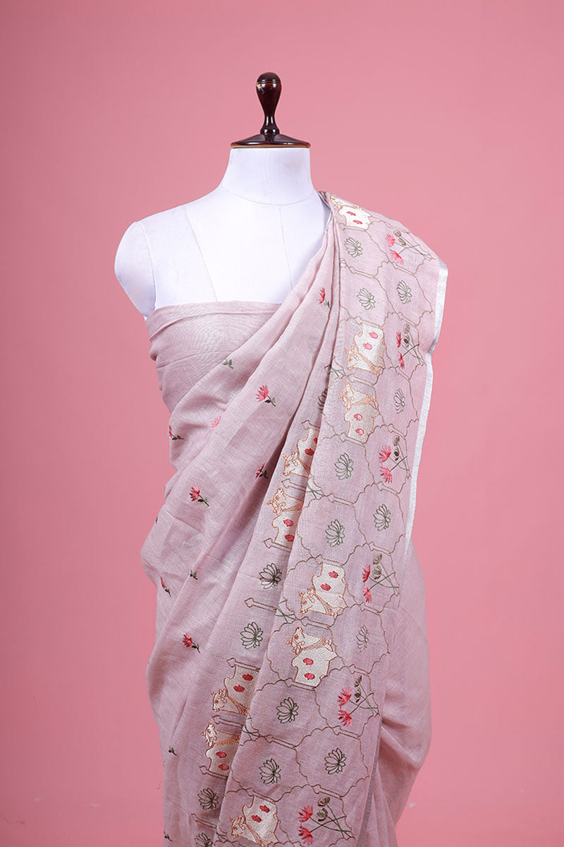 Pichwai Embroidered Linen Saree