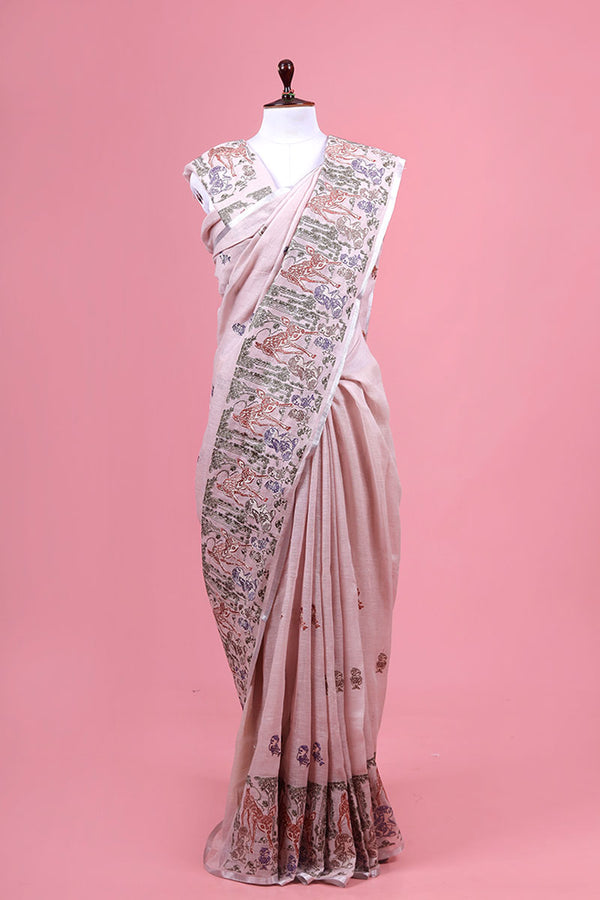 Pink Embroidered Linen Saree By Chinaya Banaras