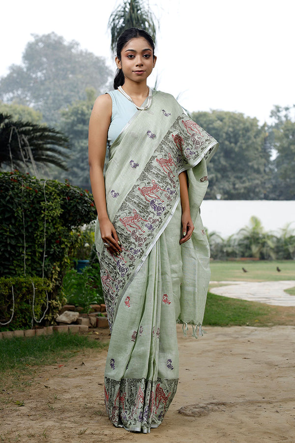 Shikargah  Embroidered Linen Saree