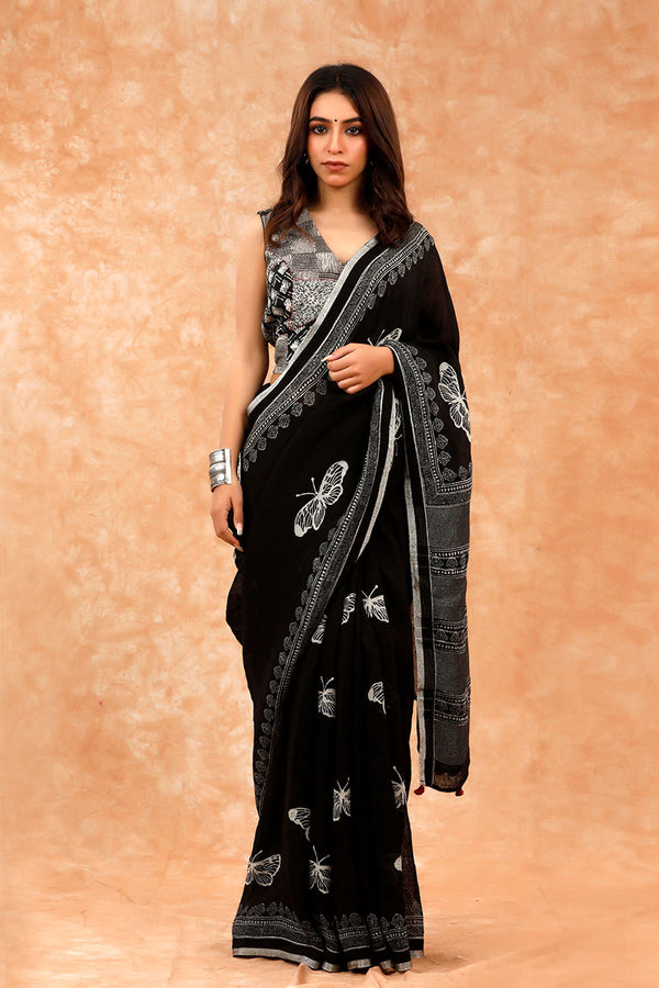 Black Printed Pure Linen Saree By Chinaya Banaras