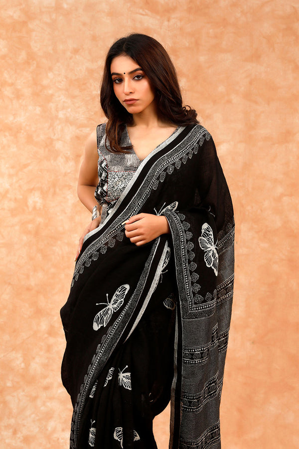 Black Ethnic Printed Pure Linen Saree