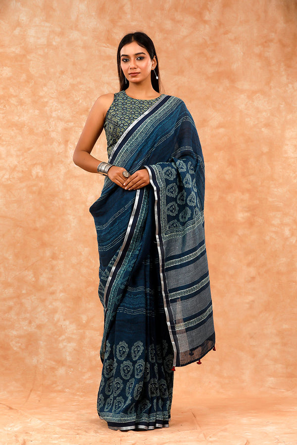 Navy Blue Ethnic Printed Pure Linen Saree by Chinaya Banaras