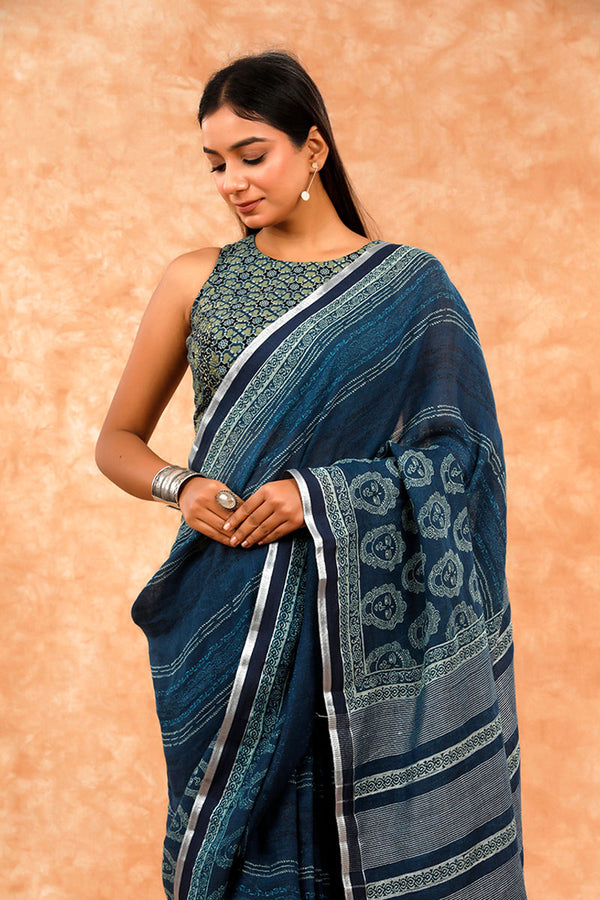 Navy Blue Ethnic Printed Pure Linen Saree