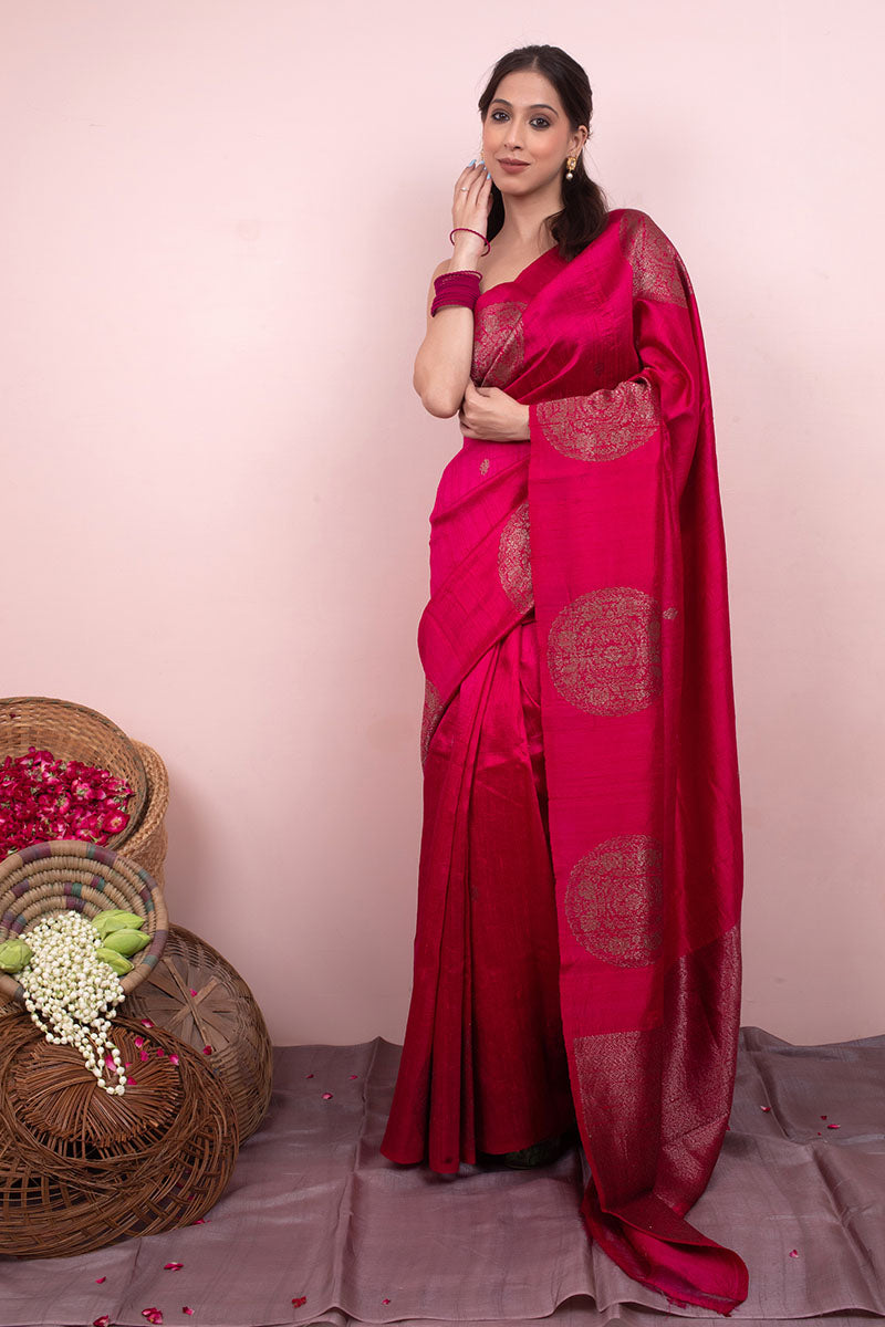 Magenta Pink Ethnic Woven Raw Silk Saree - Chinaya Banaras