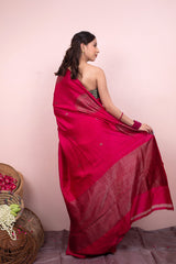 Magenta Pink Ethnic Woven Raw Silk Saree