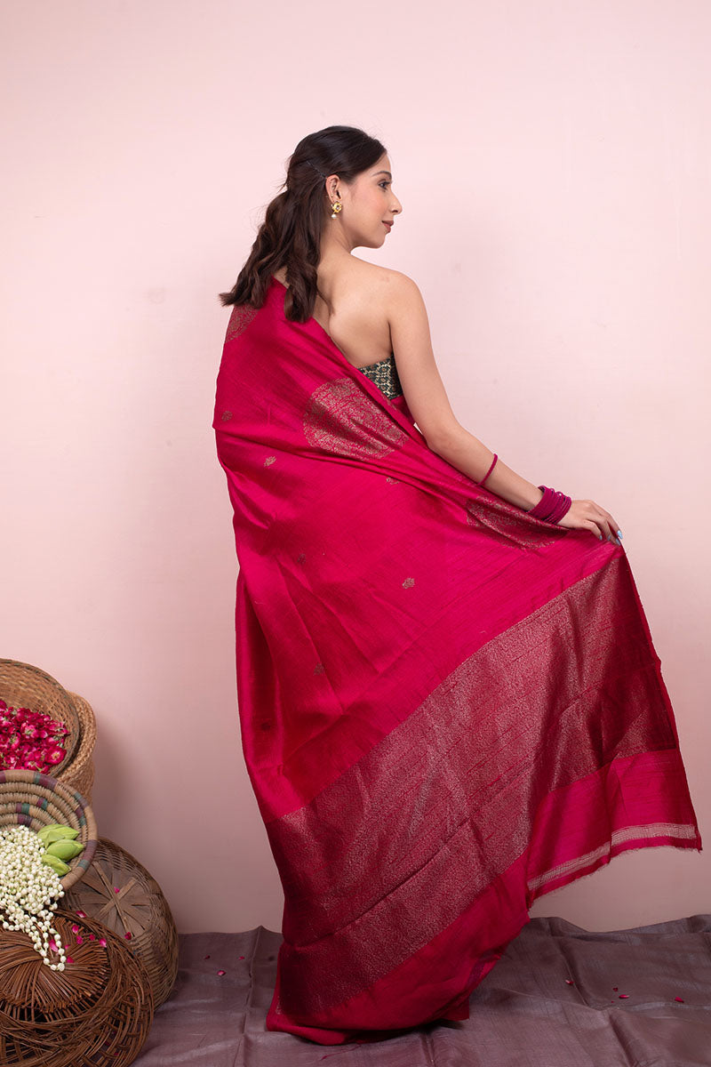 Magenta Pink Ethnic Woven Raw Silk Saree - Chinaya Banaras