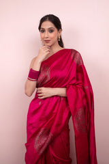 Magenta Pink Ethnic Woven Raw Silk Saree