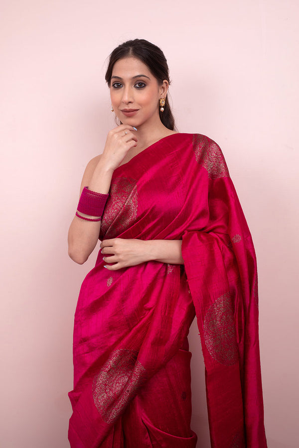 Magenta Pink Ethnic Woven Raw Silk Saree - Chinaya Banaras