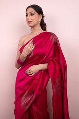 Magenta Pink Ethnic Woven Raw Silk Saree - Chinaya Banaras