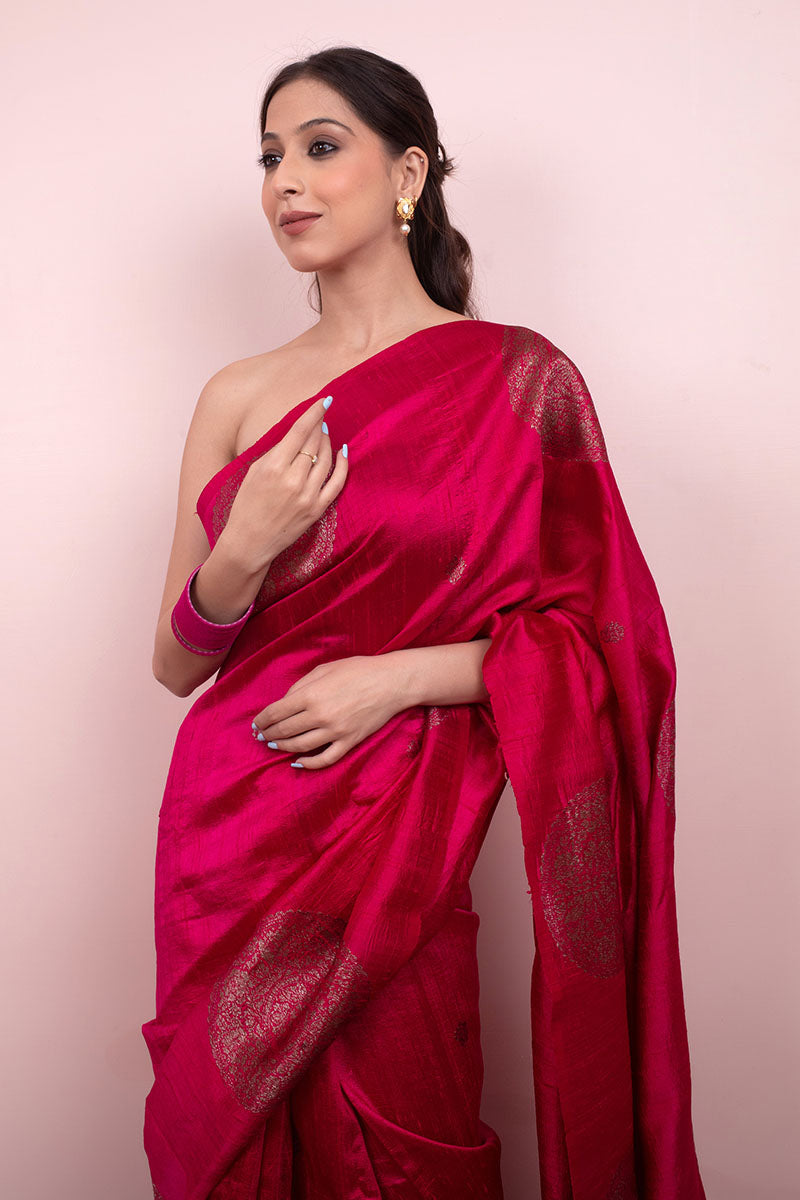 Magenta Pink Ethnic Woven Raw Silk Saree