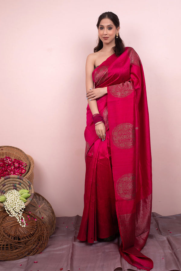Magenta Pink Ethnic Woven Raw Silk Saree
