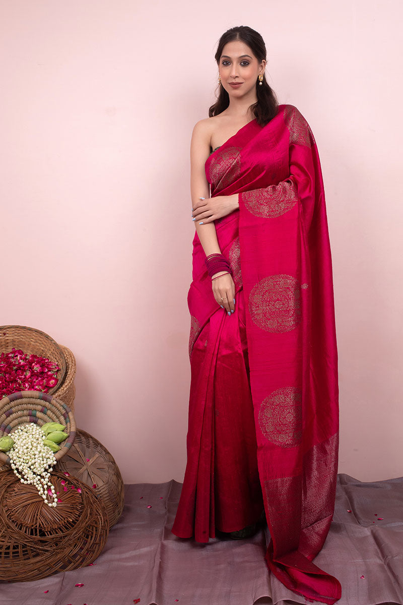 Women In Pink Ethnic Woven Raw Silk Saree At Chinaya Banaras