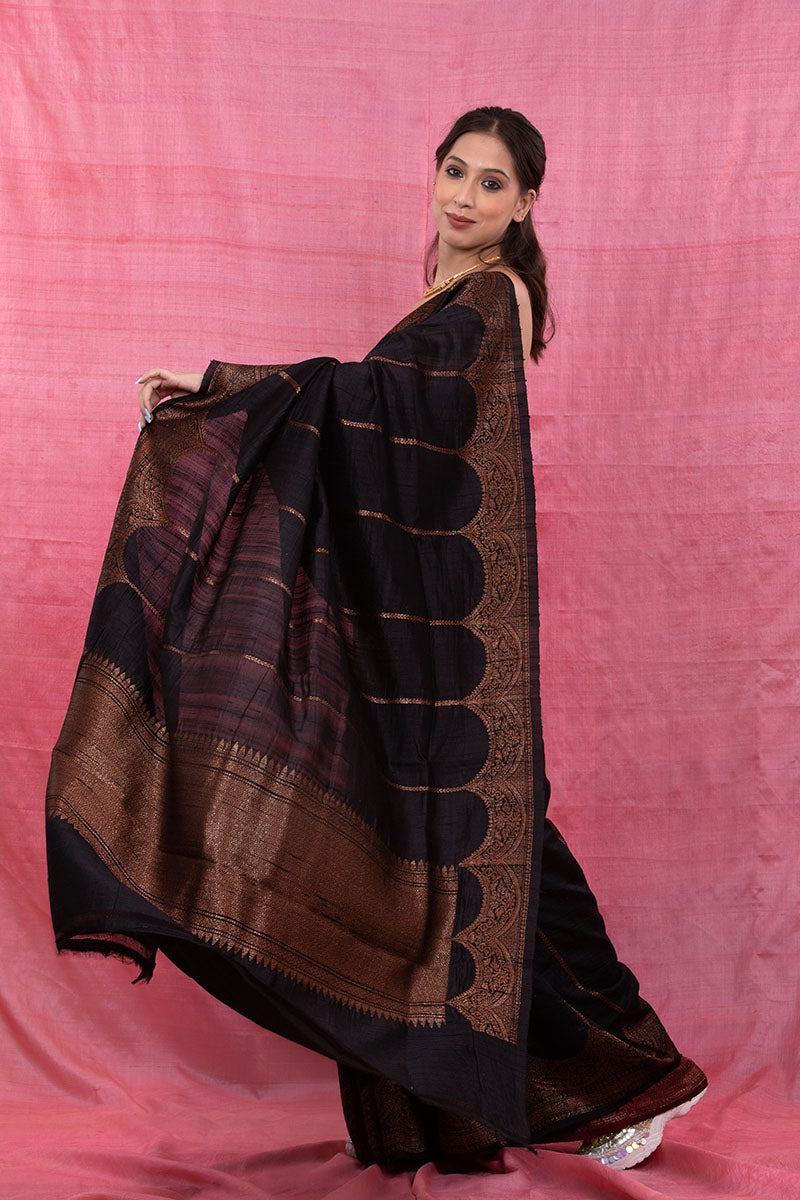 Black Striped Woven Raw Silk Saree