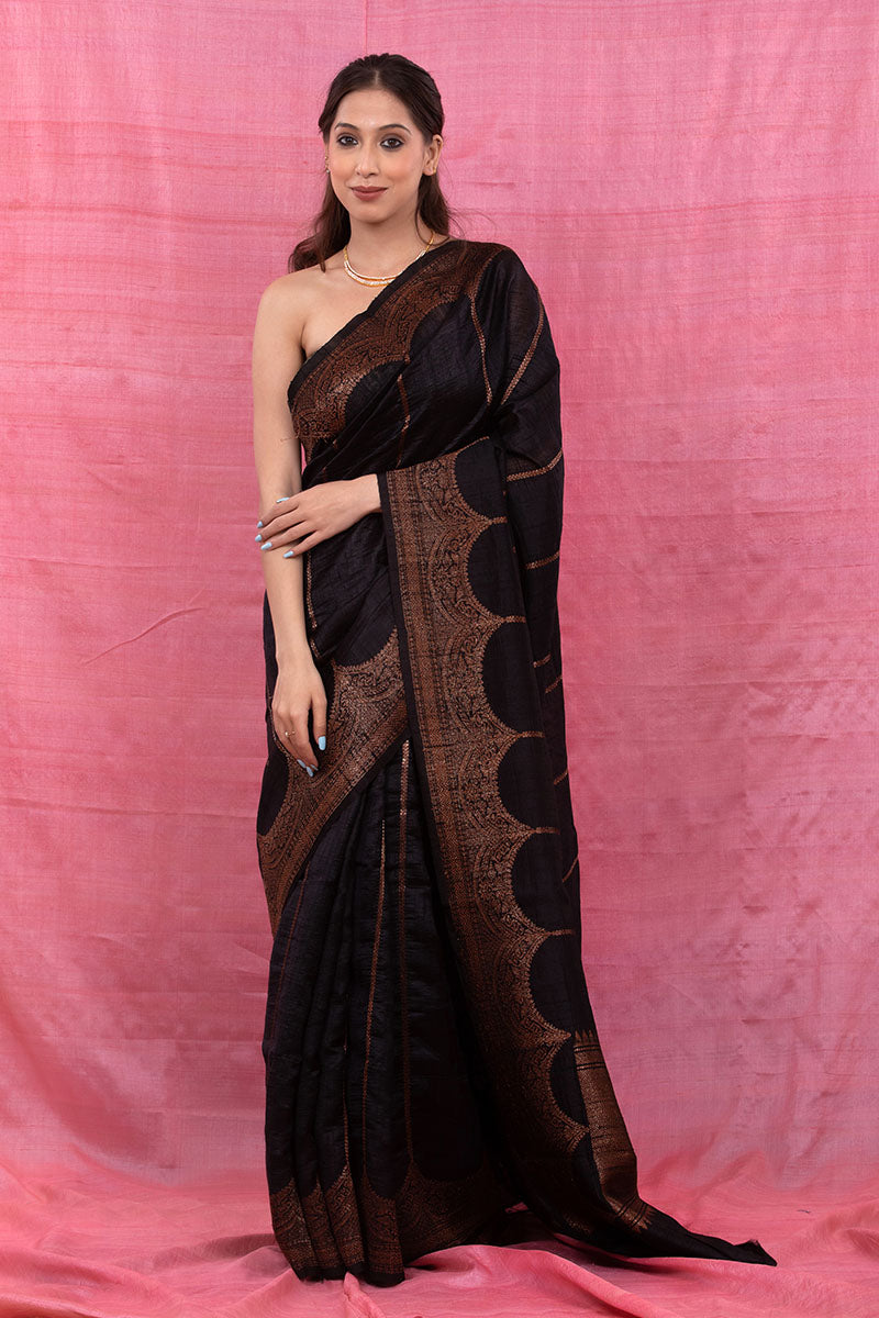 Black Striped Woven Raw Silk Saree - Chinaya Banaras