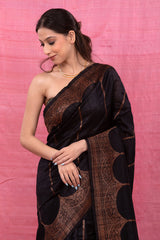Black Striped Woven Raw Silk Saree