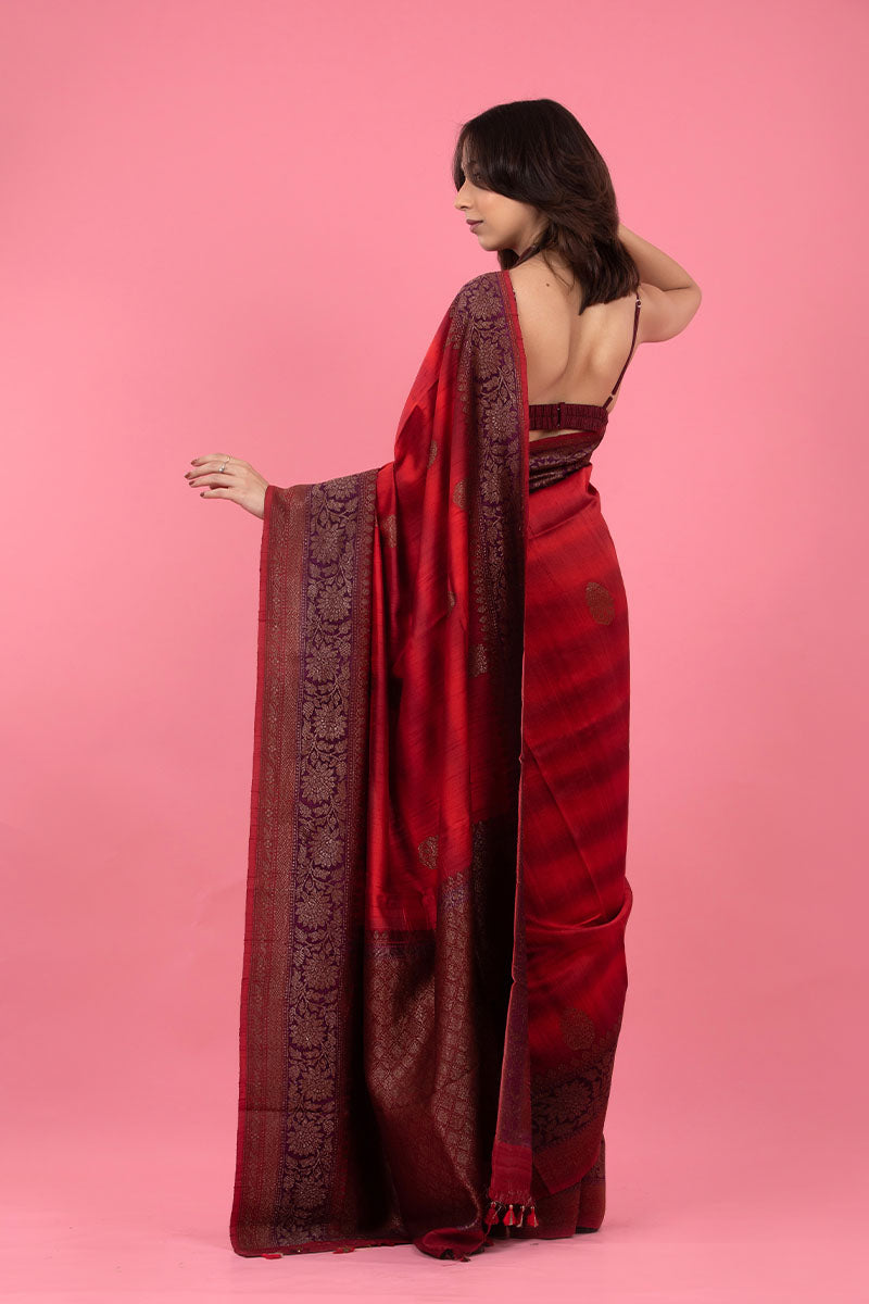 Deep Red Rangkat Handwoven Raw Silk Saree - Chinaya Banaras