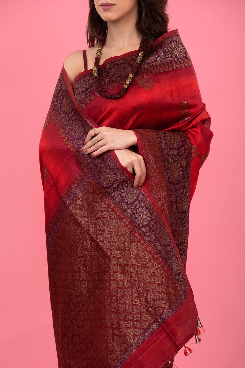 Deep Red Rangkat Handwoven Raw Silk Saree