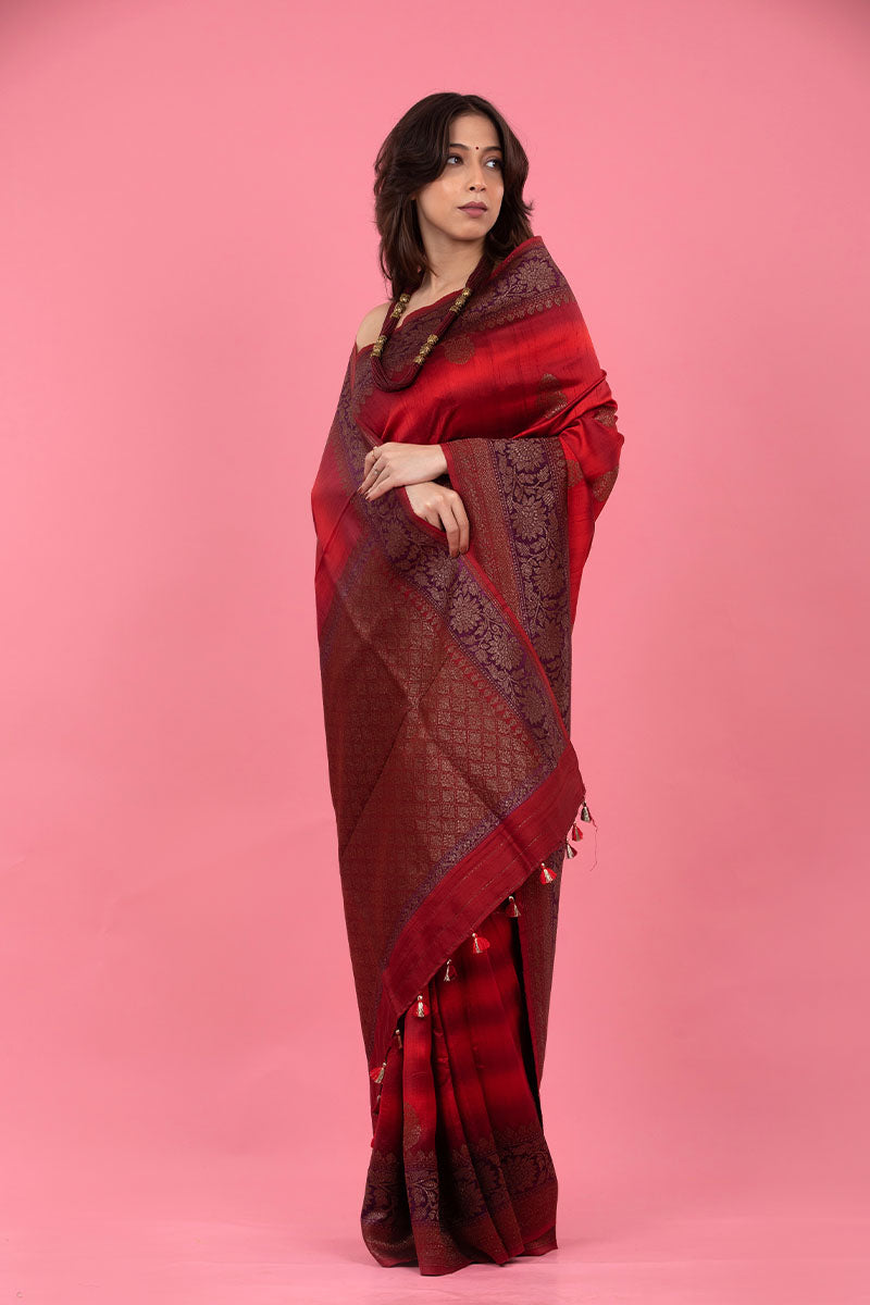 Deep Red Rangkat Handwoven Raw Silk Saree - Chinaya Banaras