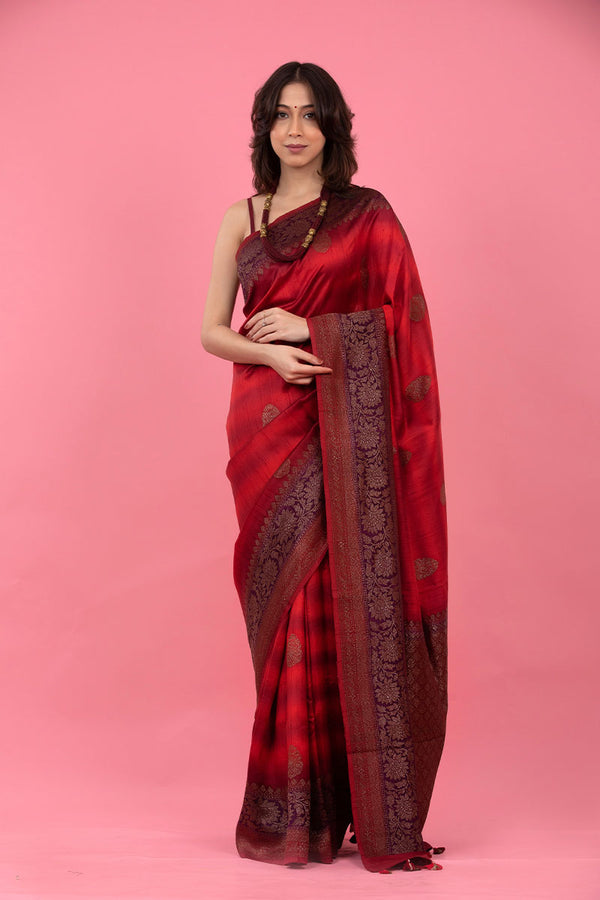 Women In Red Handwoven Raw Silk Saree At Chinaya Banaras