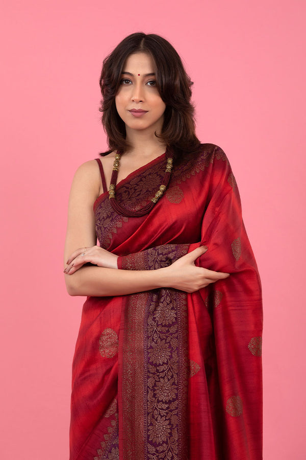 Deep Red Rangkat Handwoven Raw Silk Saree - Chinaya Banaras