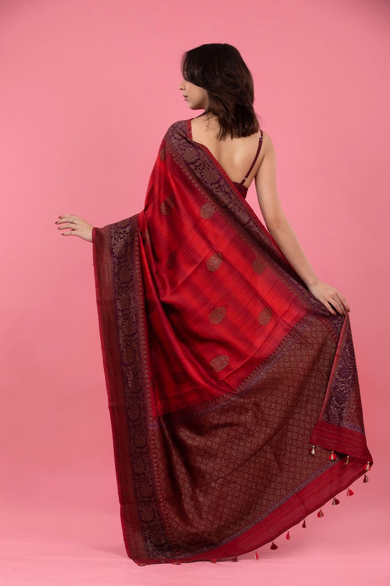 Deep Red Rangkat Handwoven Raw Silk Saree - Chinaya Banaras