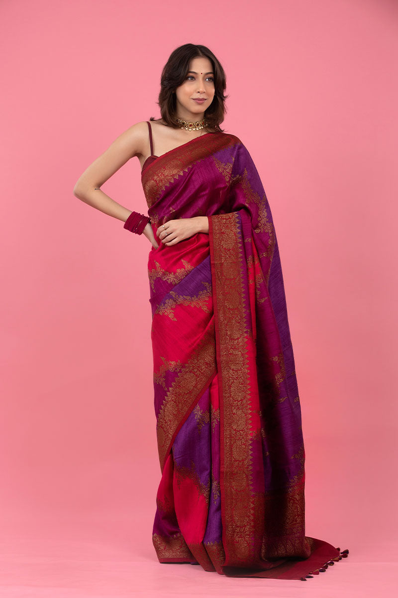 Mulberry Pink Rangkat Handwoven Raw Silk Saree - Chinaya Banaras