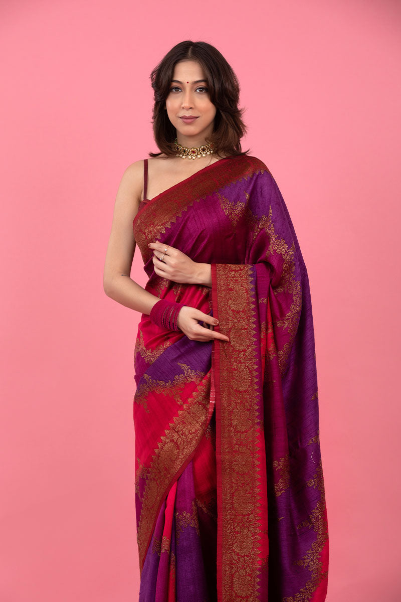 Mulberry Pink Rangkat Handwoven Raw Silk Saree - Chinaya Banaras