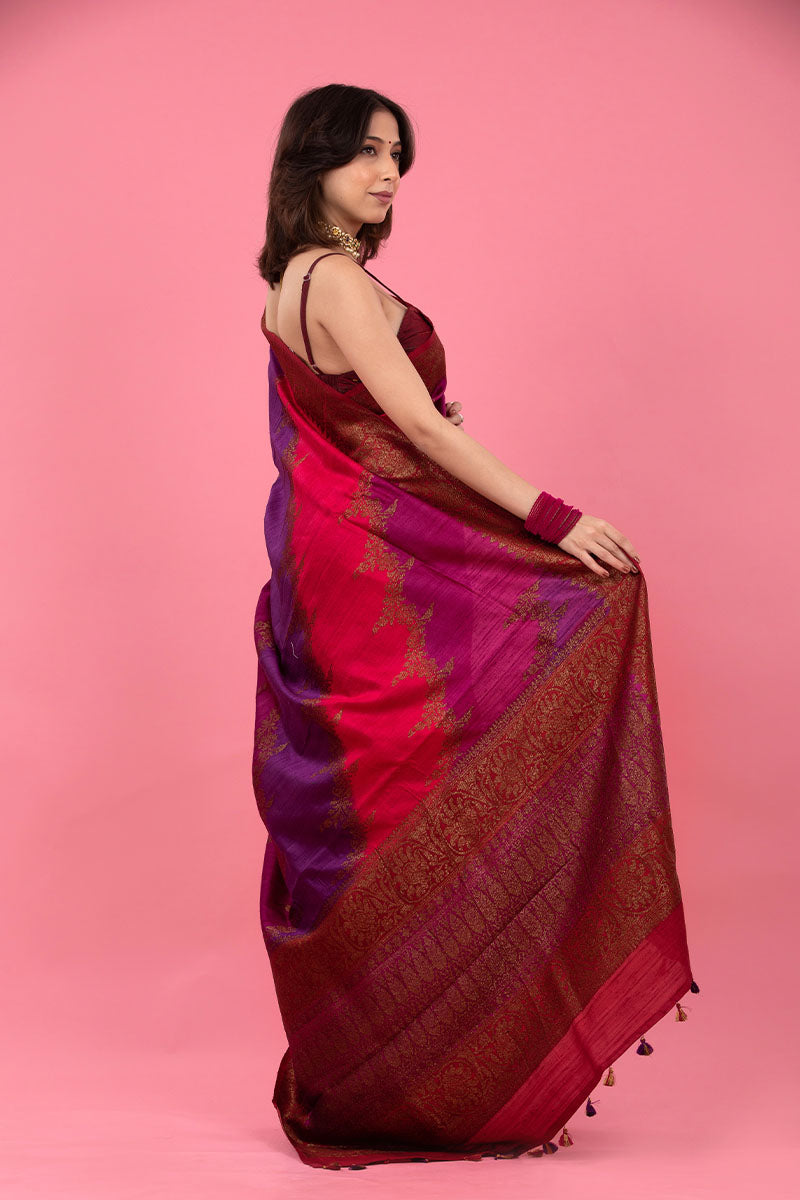 Mulberry Pink Rangkat Handwoven Raw Silk Saree - Chinaya Banaras