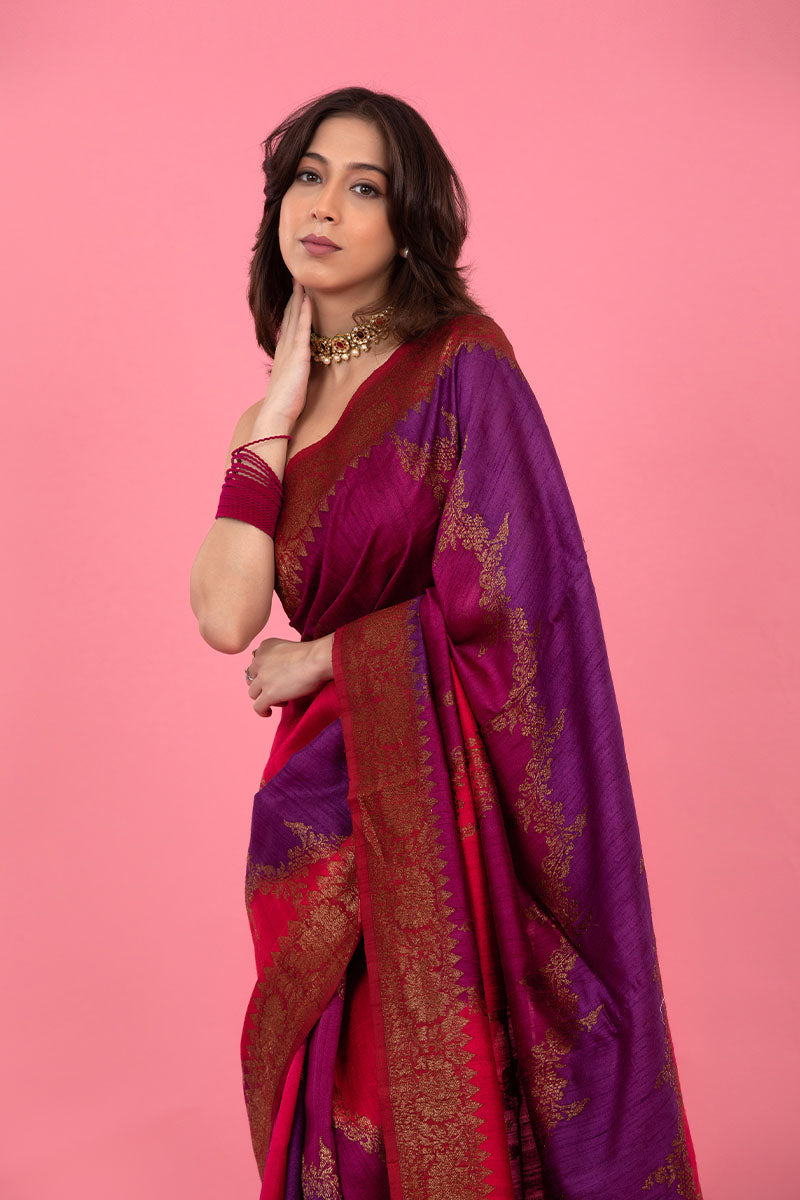 Mulberry Pink Rangkat Handwoven Raw Silk Saree - Chinaya Banaras