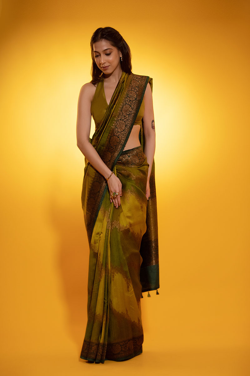 Rama Green Rangkat Handwoven Raw Silk Saree - Chinaya Banaras