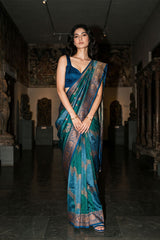 Teal Blue Rangkat Woven Raw Silk Saree
