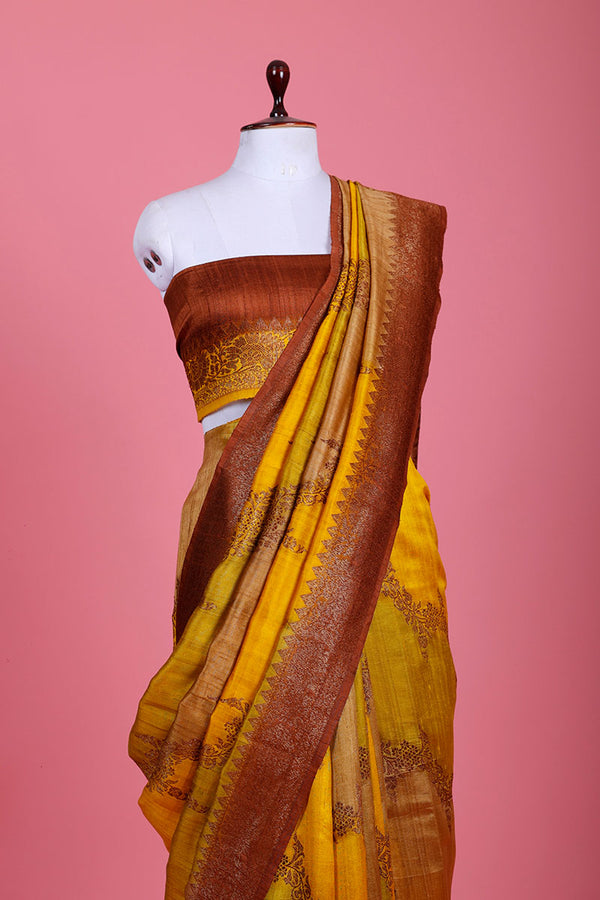 Mustard Yellow Rangkat Woven Raw Silk Saree - Chinaya Banaras