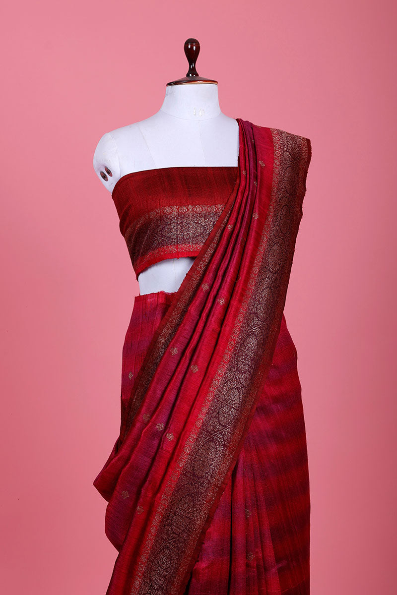 Magenta Pink Rangkat Handwoven Raw Silk Saree - Chinaya Banaras