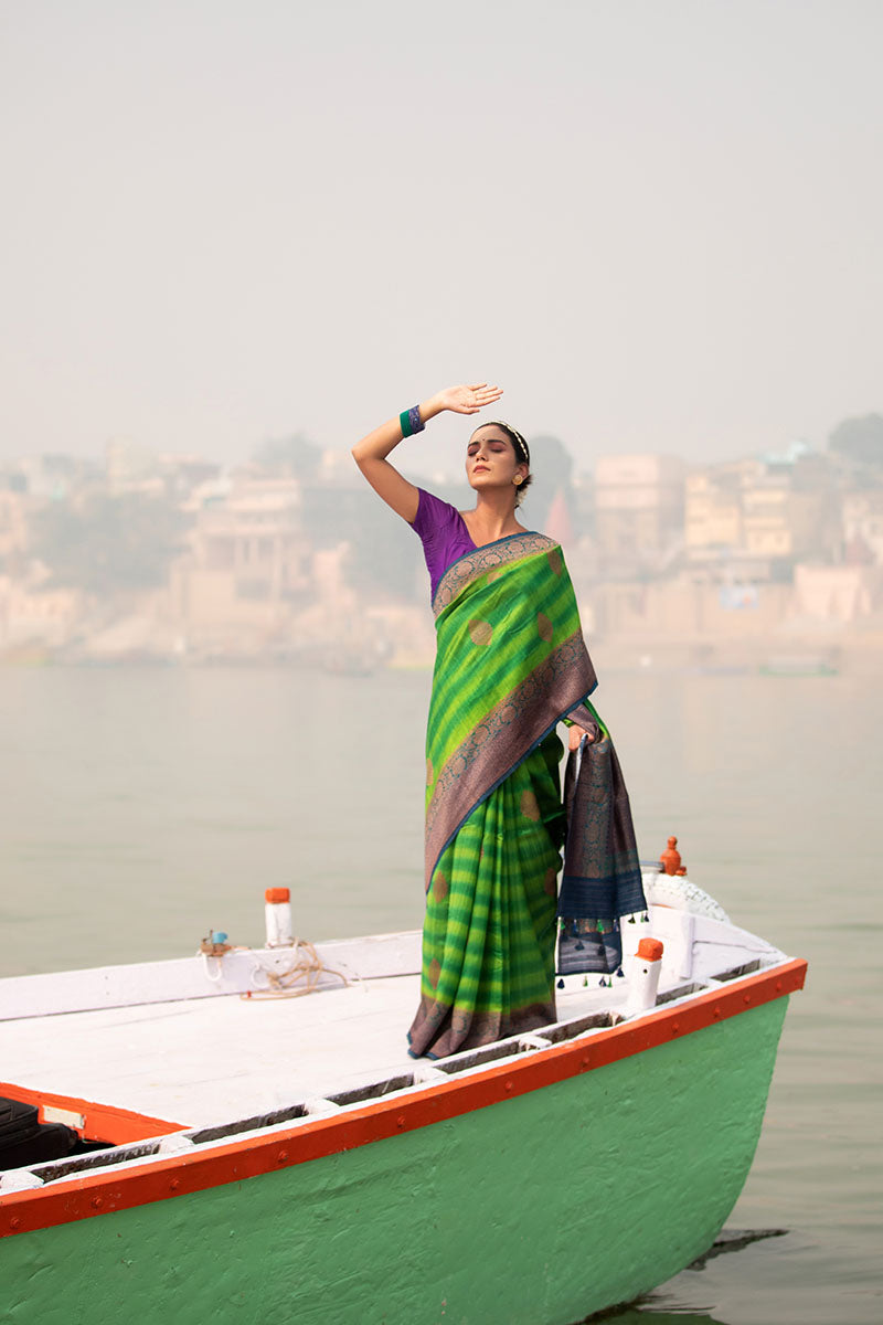 Women In Green & Blue Handwoven Raw Silk Saree At Chinaya Banaras