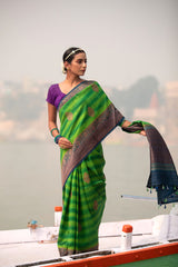 Green & Blue Rangkat Handwoven Raw Silk Saree - Chinaya Banaras