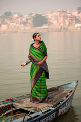 Green & Blue Rangkat Handwoven Raw Silk Saree - Chinaya Banaras