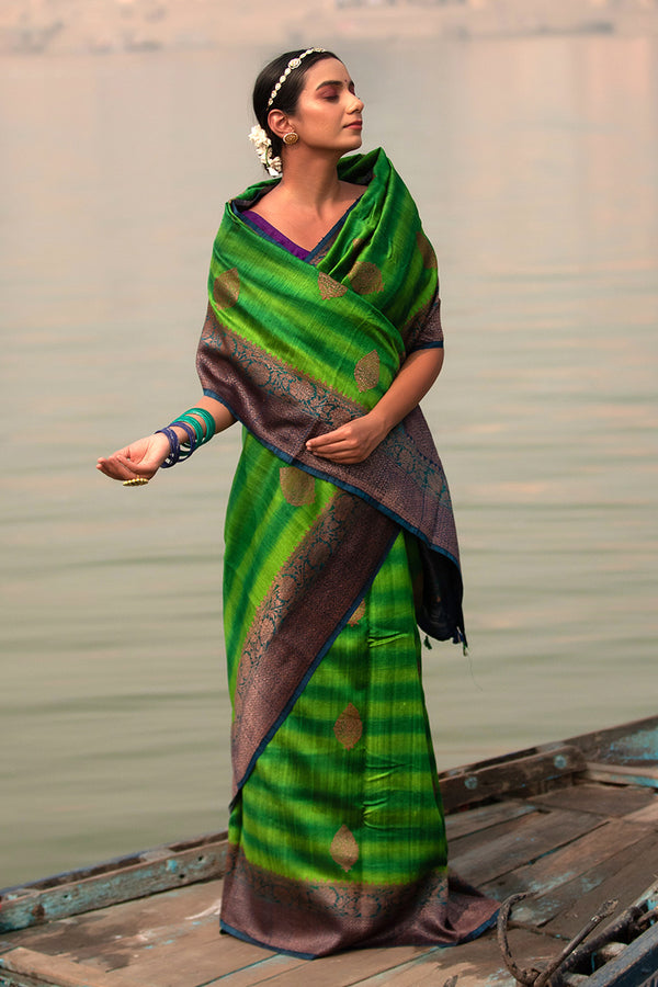 Green Blue Rangkat Handwoven Raw Silk Saree for Women