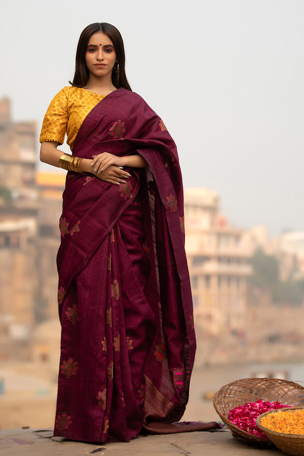 Women In Red Ethnic Handwoven Raw Silk Saree At Chinaya Banaras