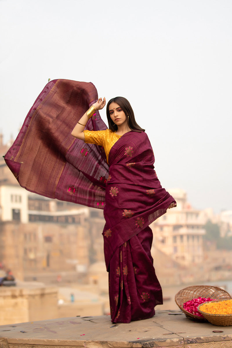 Ruby Red Ethnic Handwoven Raw Silk Saree - Chinaya Banaras