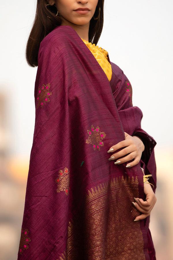 Ruby Red Ethnic Handwoven Raw Silk Saree - Chinaya Banaras