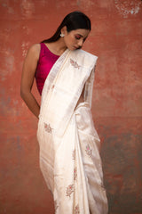 Swan White Ethnic Handwoven Raw Silk Saree - Chinaya Banaras