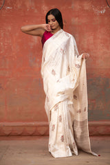 Swan White Ethnic Handwoven Raw Silk Saree - Chinaya Banaras