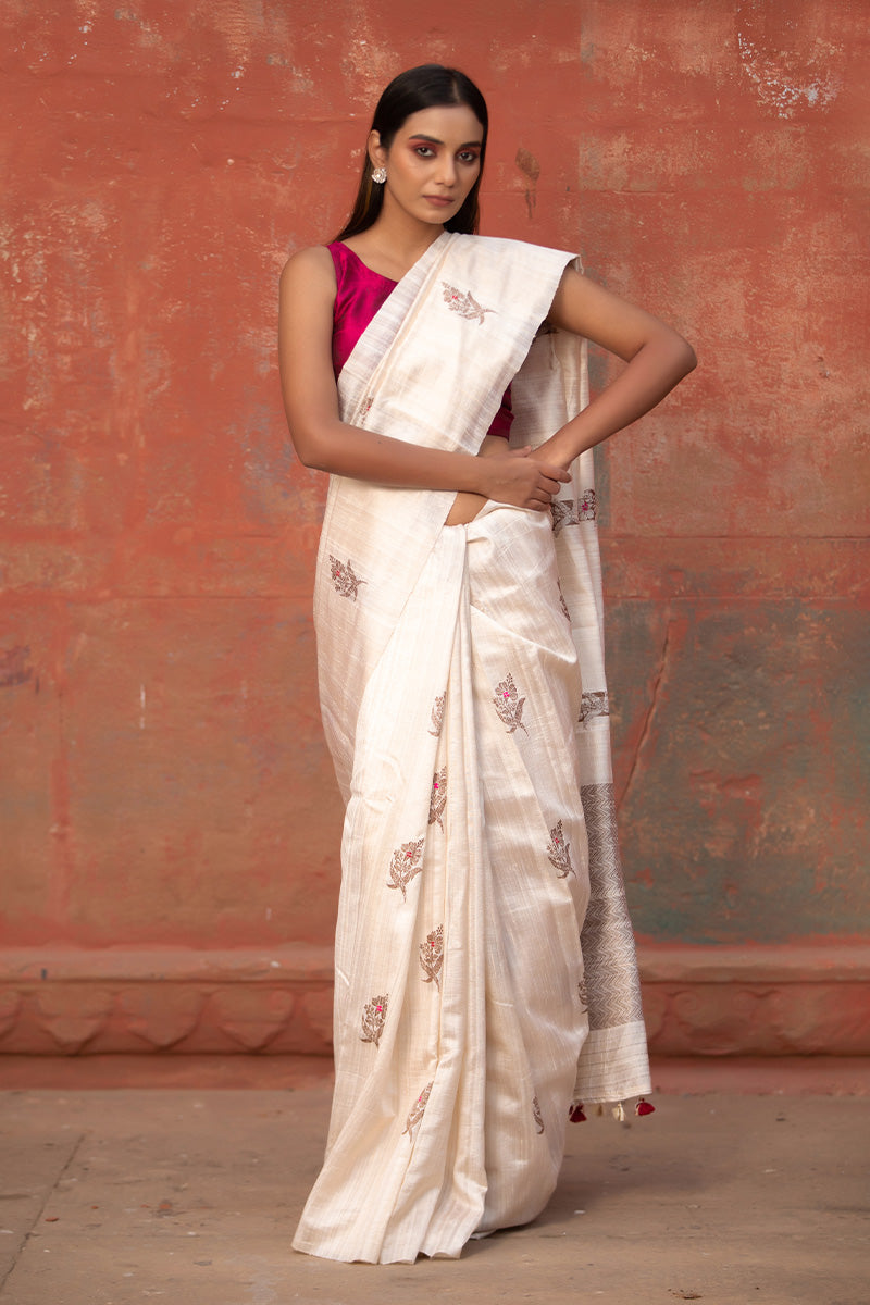 Women In White Ethnic Handwoven Raw Silk Saree At Chinaya Banaras