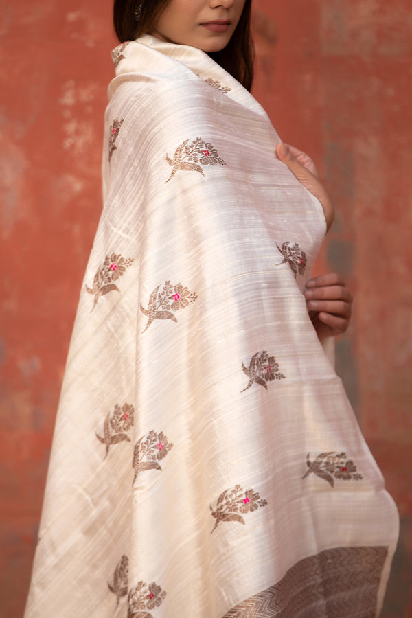 Swan White Ethnic Handwoven Raw Silk Saree - Chinaya Banaras